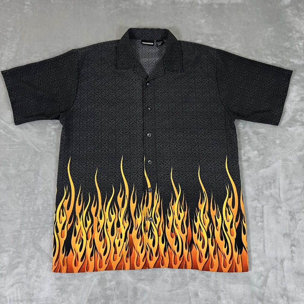 ODO Shirt Mens Large Black Flame Print Short Sleeve Button Up Casual Camp